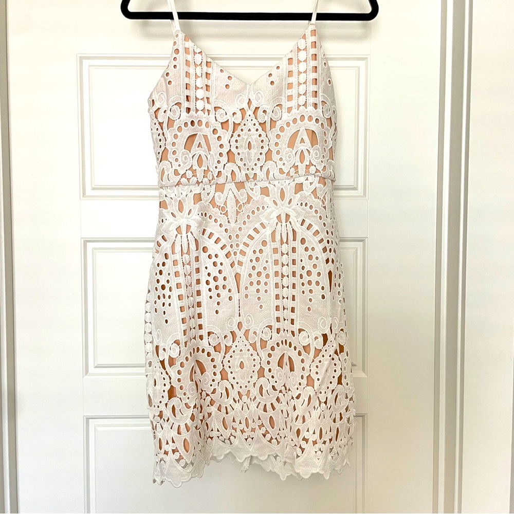 Lulus Perfect Love White and Nude Lace Mini Dress Graduation Bachelorette Bridal